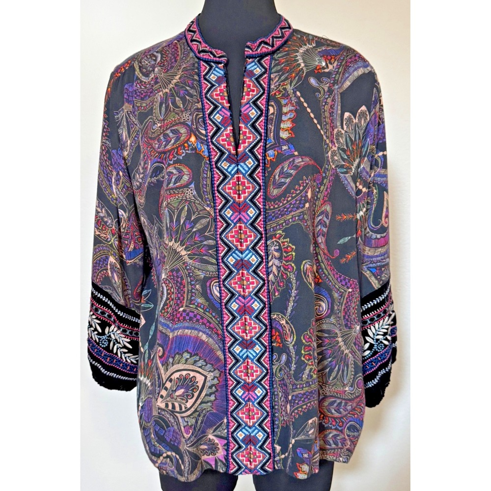 Johnny Was‎ Workshop Blouse Large Velvet Mix Embroidered Paris Effortless